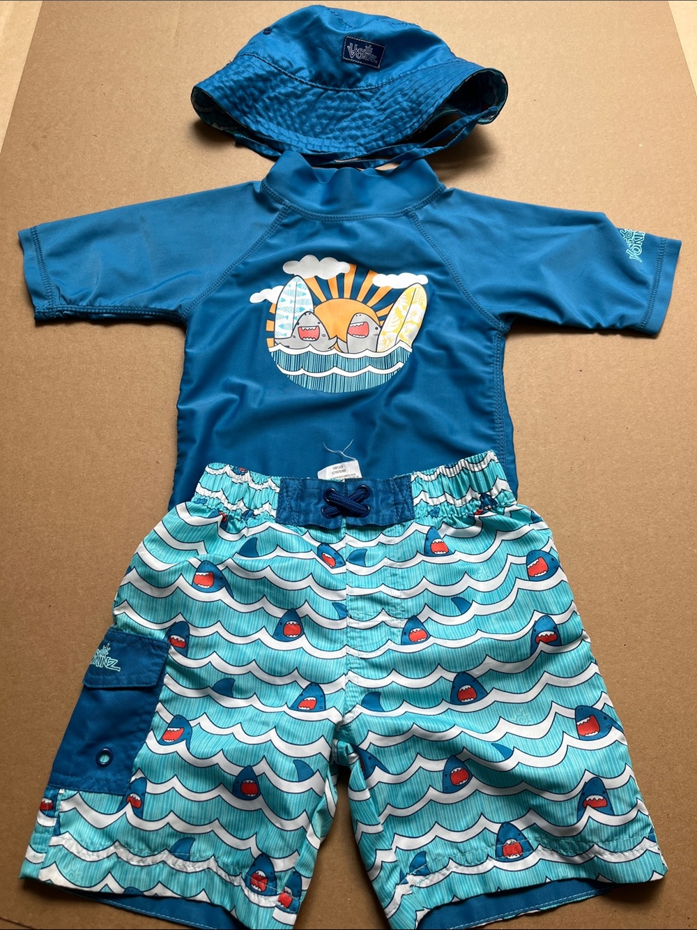 UV Skinz Blue Shark Rash Guard Swim Trunks Reversible Sun Hat Set 3T